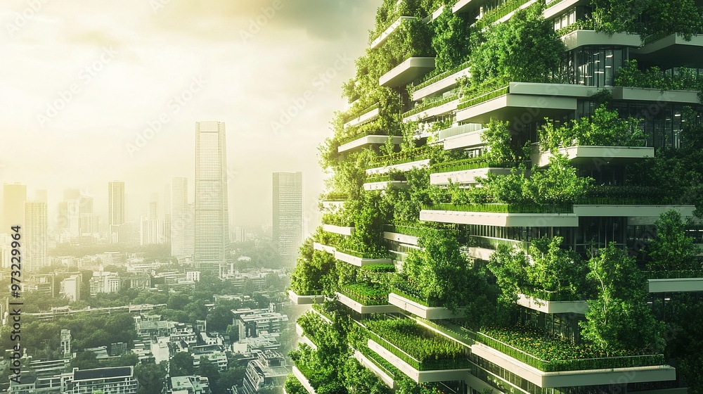Obraz premium Urban landscape with vertical farms integrated into skyscrapers.