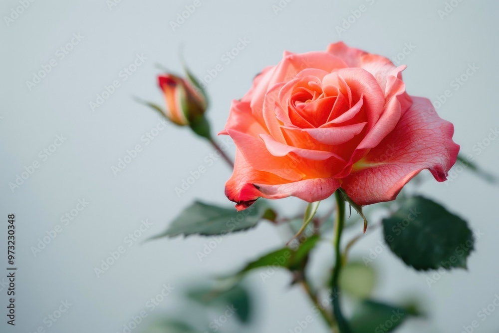 A beautiful pink rose with lush green leaves on a clean white background A beautiful pink rose with lush green leaves on a clean white background