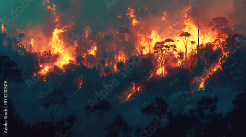 Aerial view of tropical rainforest deforestation. illegal fire clearing. burning forest. environmental ecological problem. generative ai. Amazon Rainforest. Illustration