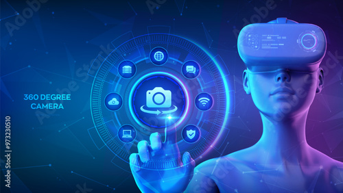 Camera 360 degree view. 360 degrees video. Virtual reality. Panorama camera. Virtual tour. 3D reality tours. Girl wearing VR headset glasses touching digital interface. Vector illustration.