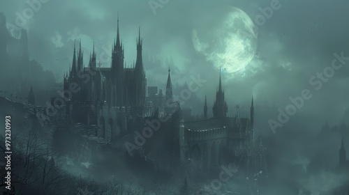 Enchanted Castle Under Moonlight in Misty Nighttime Setting