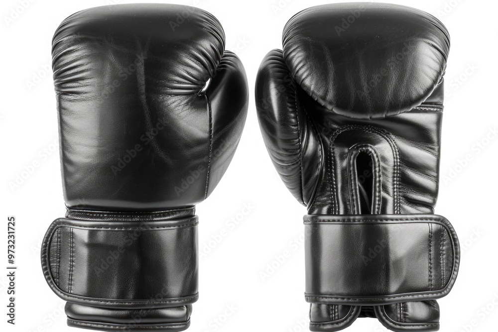 Close-up shot of two black boxing gloves on a white background, perfect for sports or fitness related themes Close-up shot of two black boxing gloves on a white background, perfect for sports or fitness related themes