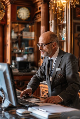 A professional in a suit sits at a desk with a computer, focused on his work