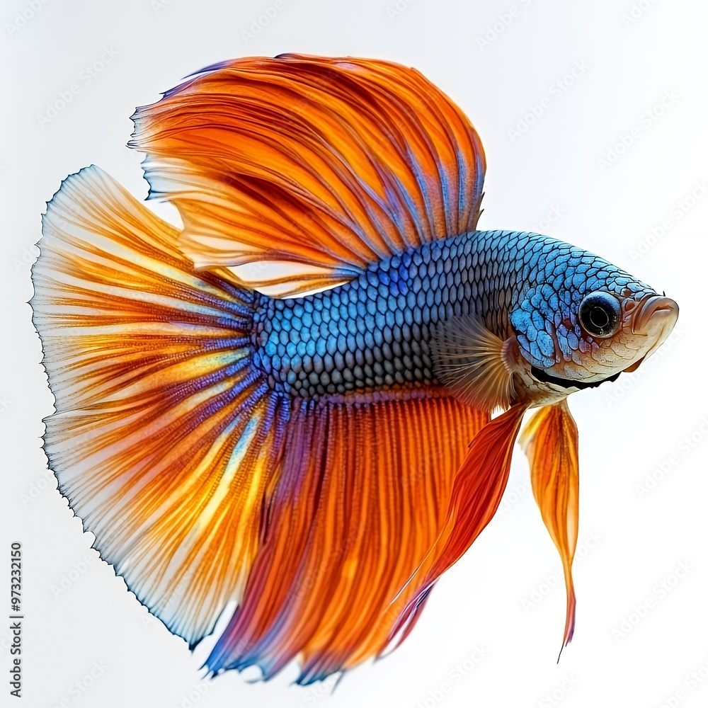 Fototapeta premium Vibrant blue and orange Siamese fighting fish swimming gracefully against a clean white background.