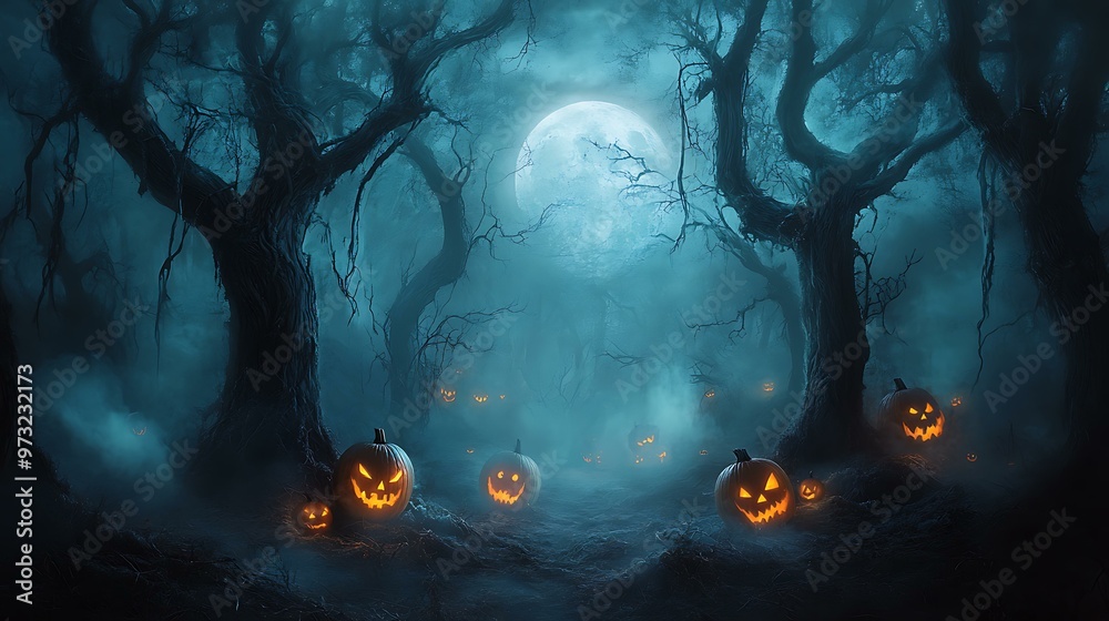Fototapeta premium A dark, eerie forest with fog creeping along the ground, dead trees with twisted branches reaching out, and a full moon casting a pale glow in the night sky. Jack-o'-lanterns with glowing eyes