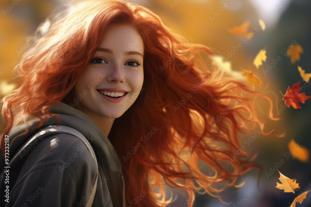 A redhead happy and smiling girl, autumn park in the background A redhead happy and smiling girl, autumn park in the background