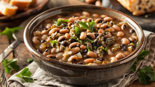 Hearty Black-Eyed Peas and Greens Soup in Rustic Bowl