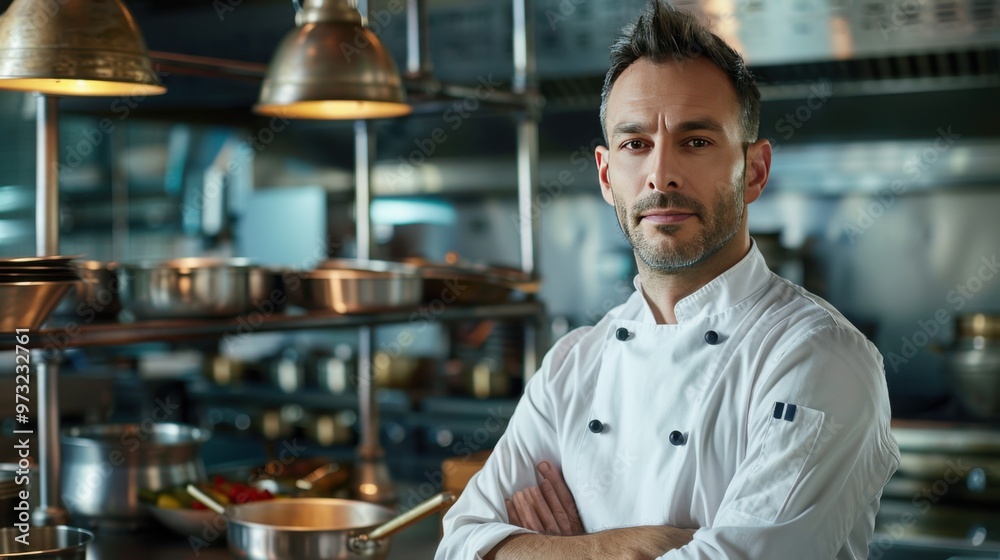 Confident Professional Chef in Restaurant Kitchen Confident Professional Chef in Restaurant Kitchen