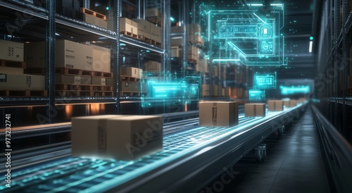Smart warehouse management system using augmented reality technology to identify package picking and delivery . Future concept of supply chain and logistic business	