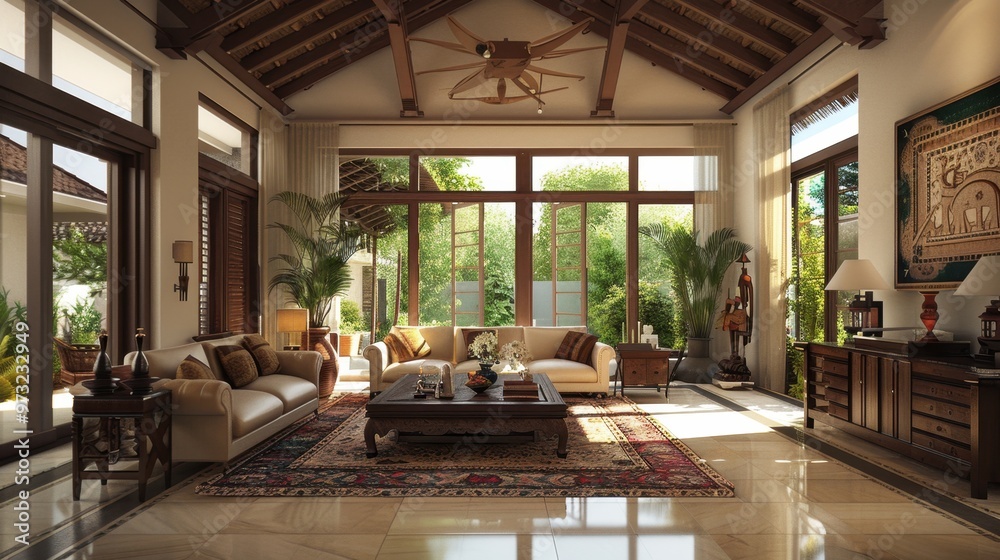 Luxurious Tropical Living Room with Exposed Beams and Ceiling Fan