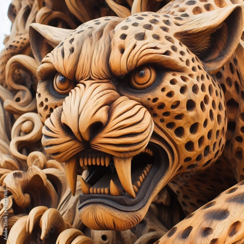 A wooden sculpture of an angry leopard photo