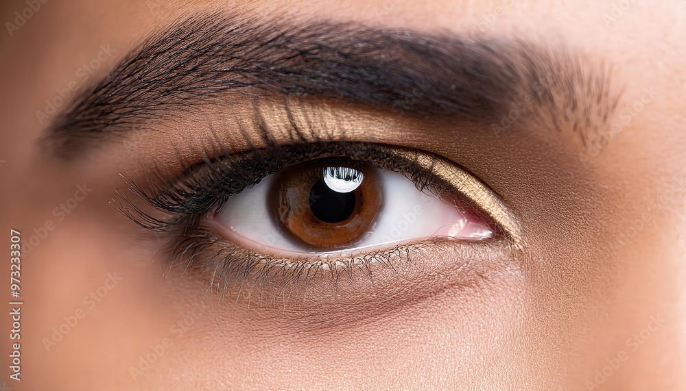 Obraz premium Close-Up of a Beautifully Defined Female Eye with Bold Eyebrows, Long Lashes, and Neutral Eyeshadow, Highlighting Smooth Skin Texture and Flawless Makeup Application