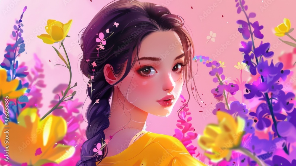 Radiant Animated Woman Surrounded by Vibrant Flowers