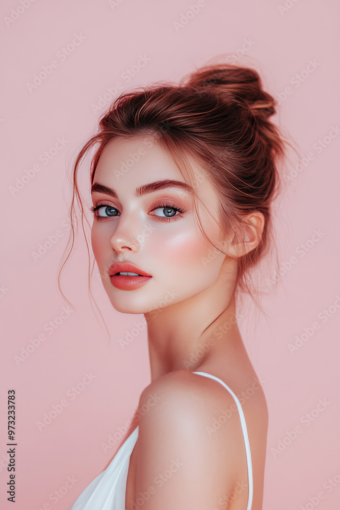 Elegant Woman with Updo Hairstyle on Pink Background Elegant Woman with Updo Hairstyle on Pink Background