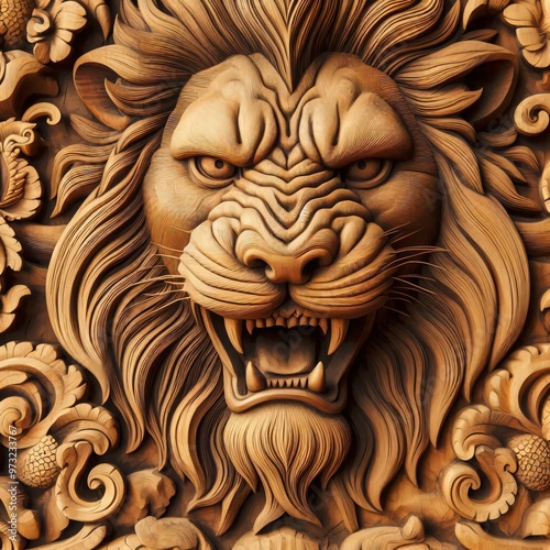 A wooden sculpture of an angry lion