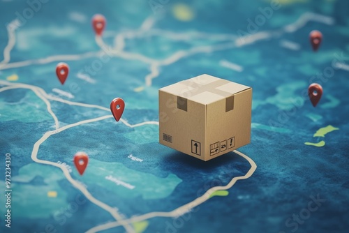 Abstract flying cardboard box on road with location pins on wide blue background on map 