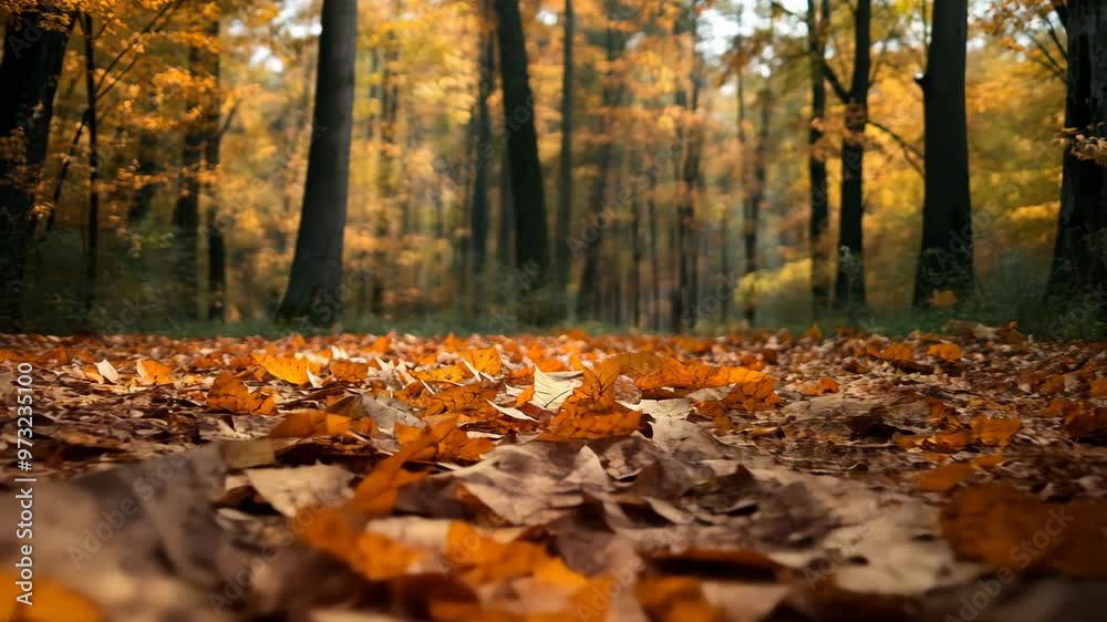Autumn leaves cover the forest floor in a vibrant display of orange and gold near a tranquil woodland path Autumn leaves cover the forest floor in a vibrant display of orange and gold near a tranquil woodland path