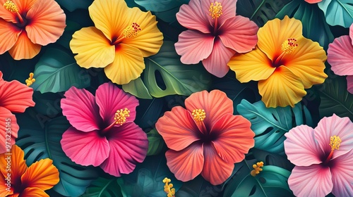 Wallpaper Mural Colorful hibiscus flowers from Hawaii create a tropical pattern. Nature's beauty in a seamless background. Torontodigital.ca