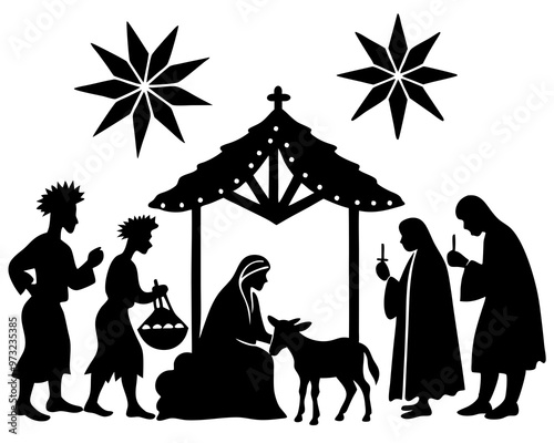 Nativity Scene black silhouette vector,Nativity scene silhouette Jesus in manger, shepherd and wise men. Christmas story Mary Joseph and baby Jesus in nursery. silhouette