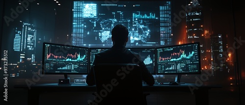 A man sits in front of three computer monitors displaying stock market graphs and data, overlooking a glowing city skyline at night.