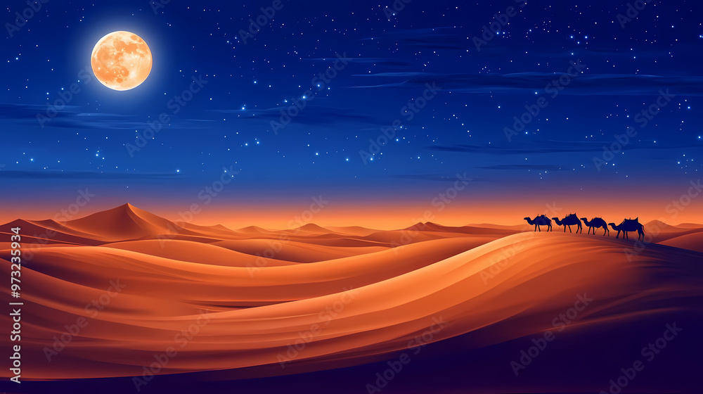 Moonlit night in the sahara desert, with endless sand dune, camel caravan, copy space, Sahara Desert. Illustration Moonlit night in the sahara desert, with endless sand dune, camel caravan, copy space, Sahara Desert. Illustration