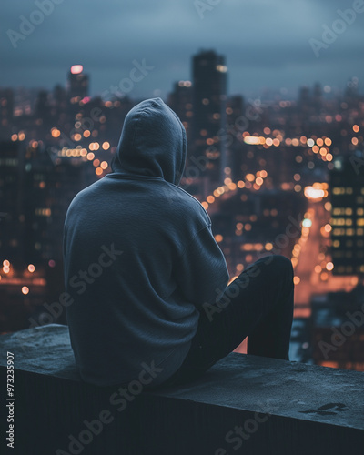 Hooded figure sitting on a rooftop at night overlooking city lights