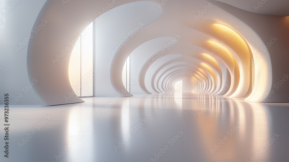An abstract, modern hallway with curved white walls lit with soft, yellow light. An abstract, modern hallway with curved white walls lit with soft, yellow light.