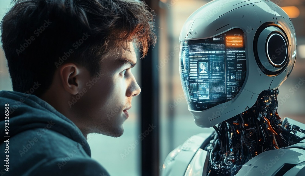 person talking with robotic ai.futuristic technology or machine learning concepts.