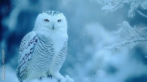 Snowy owl perched on a snowy branch in a serene winter landscape during early morning light