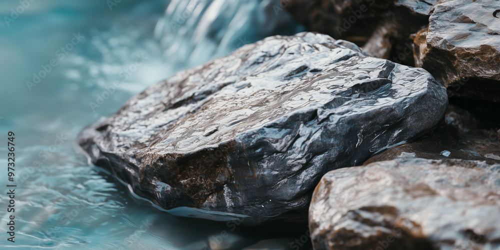 Close-Up of Gray Rock with Mountain Stream and Light Blue Background Close-Up of Gray Rock with Mountain Stream and Light Blue Background
