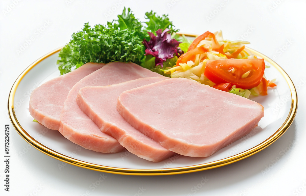 Sliced Ham with Salad Vegetables on a White Background Sliced Ham with Salad Vegetables on a White Background