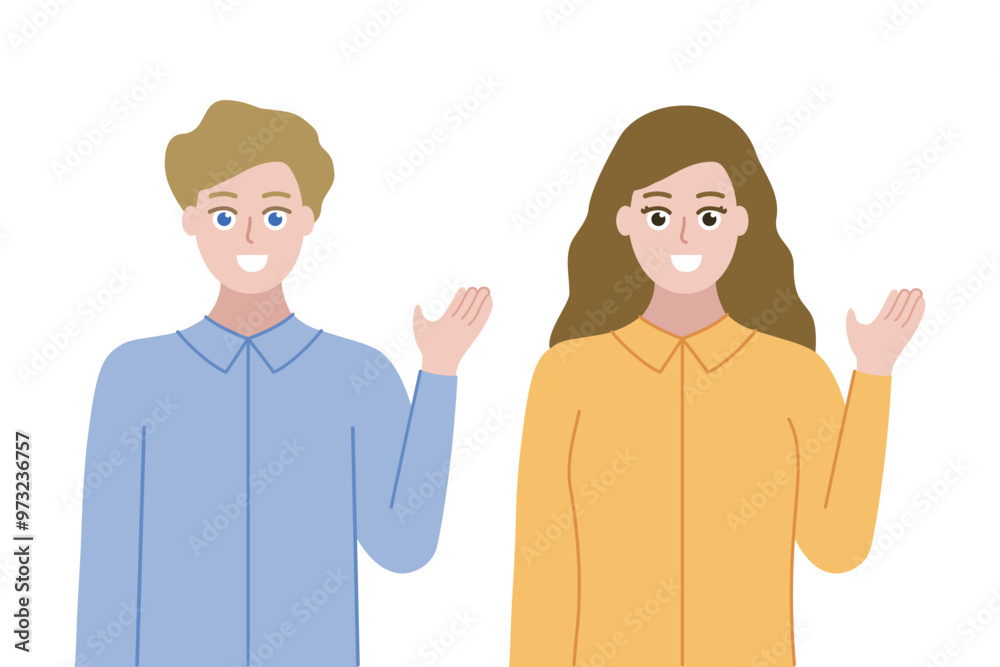 Obraz premium Set of smiling man and woman introducing. Business, presentation, information, guidance concept. Flat people character vector design illustration isolated on white background