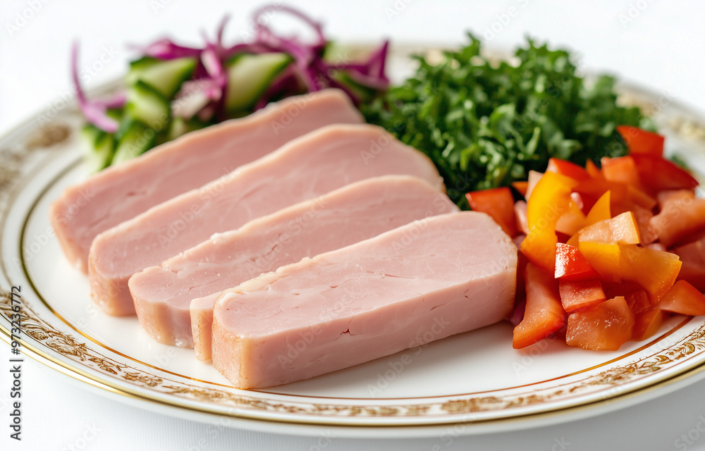 Sliced Ham with Salad Vegetables on a White Background Sliced Ham with Salad Vegetables on a White Background