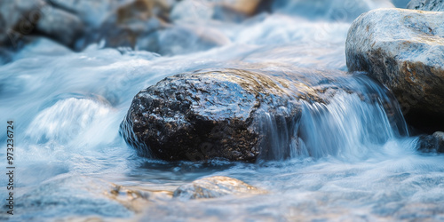 Close-Up of Gray Rock with Mountain Stream and Light Blue Background photo