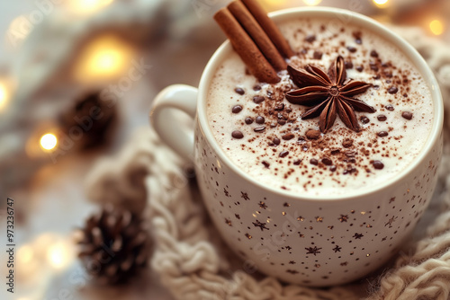 Hot Chocolate with Cinnamon on a Blurred Christmas Background photo