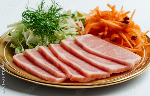 Sliced Ham with Salad Vegetables on a White Background photo