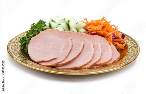 Sliced Ham with Salad Vegetables on a White Background photo