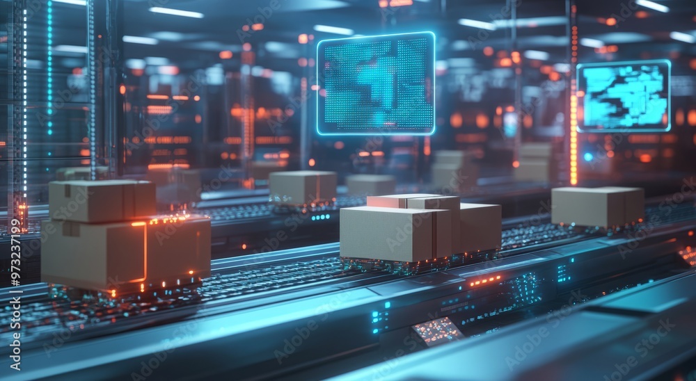 Digital rendering of cardboard boxes on a conveyor belt with digital, tech, and data icons overlaying the scene. Digital rendering of cardboard boxes on a conveyor belt with digital, tech, and data icons overlaying the scene.