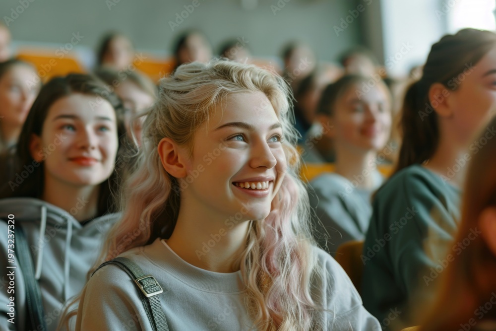 Group of female friends sitting side by side Group of female friends sitting side by side