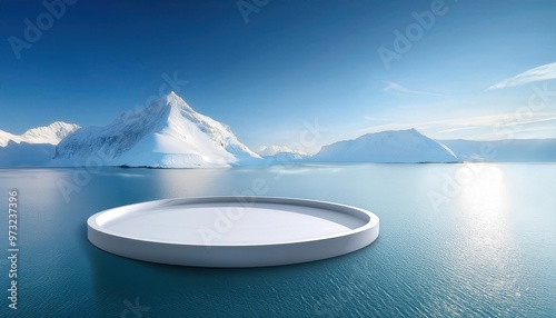 Minimalist Futuristic Platform For Product Concept Presentation Floating on Icy Arctic Waters Against a Majestic Snow Capped Mountain Range Under a Clear Blue Sky