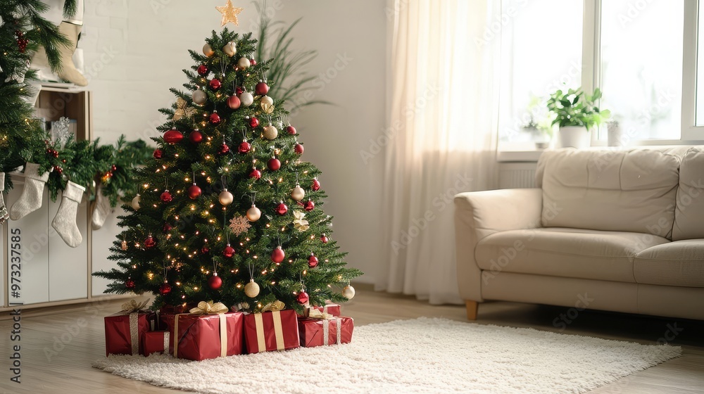 A charming living room featuring a vibrant Christmas tree surrounded by colorful presents A charming living room featuring a vibrant Christmas tree surrounded by colorful presents