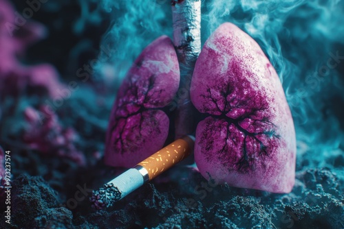 banner design with close-up showing damaged lungs beside a cigarette, highlighting smoking-related health risks photo