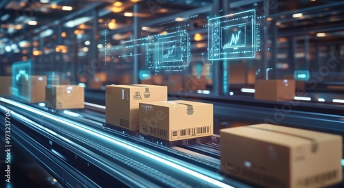 Digital rendering of cardboard boxes on a conveyor belt with digital, tech, and data icons overlaying the scene.