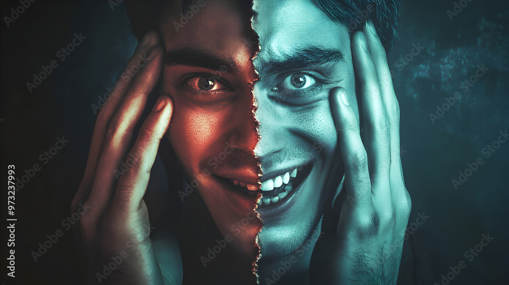 Fototapeta premium Man with dual colored split face expressing emotions