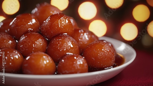 Delicious round Indian sweets drenched in syrup, perfect for festive celebrations and gatherings with vibrant lights in the background