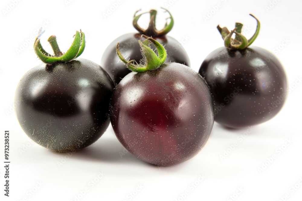 A cluster of three black tomatoes sitting together A cluster of three black tomatoes sitting together