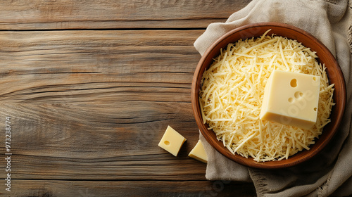  A wooden bowl filled with grated cheese, alongside a piece of cheese with characteristic holes on a wooden surface