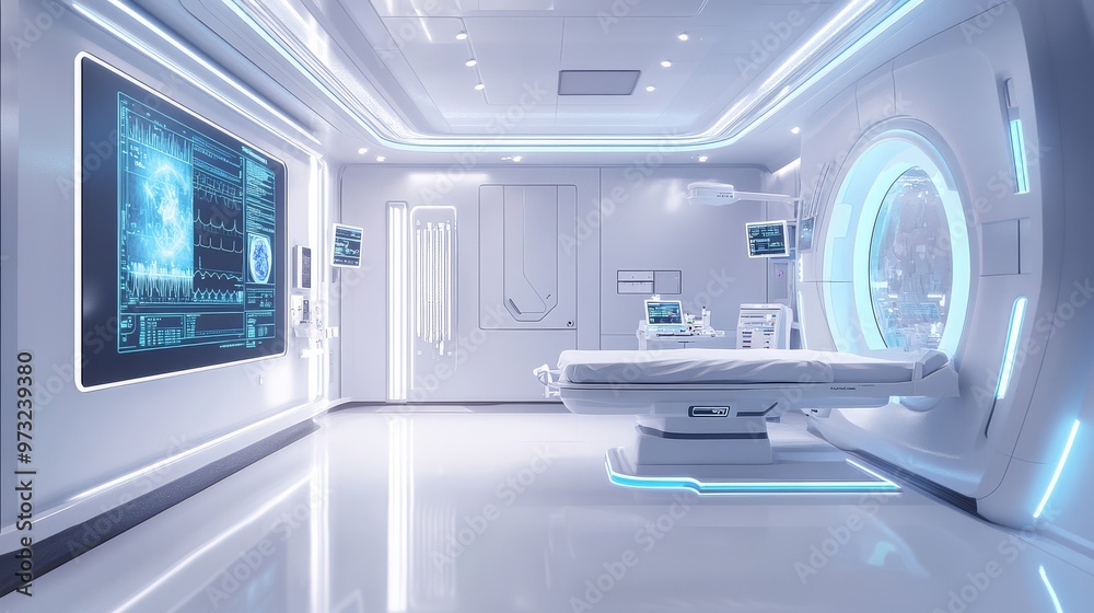 The hospital room has modern tech and bright surfaces designed for healing The hospital room has modern tech and bright surfaces designed for healing