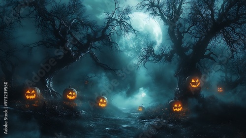 A dark, eerie forest with fog creeping along the ground, dead trees with twisted branches reaching out, and a full moon casting a pale glow in the night sky. Jack-o'-lanterns with glowing eyes