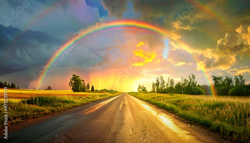 Empty asphalt road with rainbow - Nature landscape